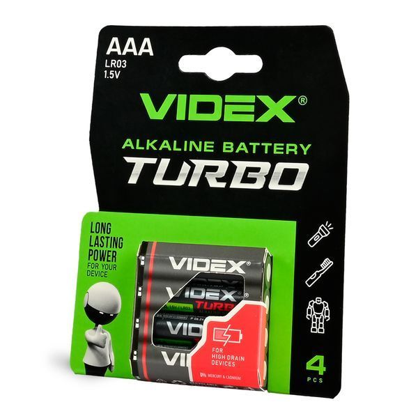 Батарейка лужна Videx LR03/AAA Turbo 4шт BLISTER 27021 фото