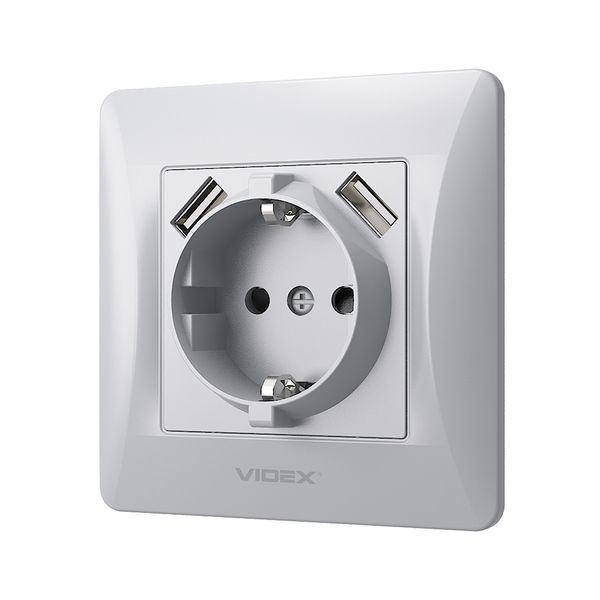 Розетка одинарна із заземленням та 2USB срібний шовк VIDEX BINERA 24899 фото