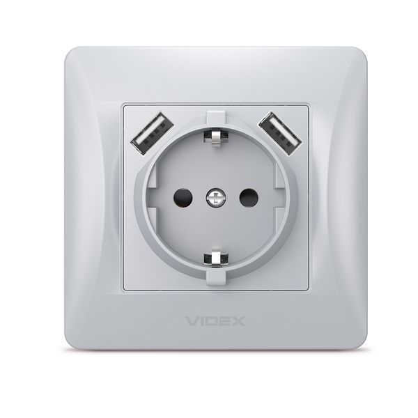 Розетка одинарна із заземленням та 2USB срібний шовк VIDEX BINERA 24899 фото