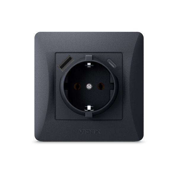 Розетка одинарна із заземленням з USB+USB-C чорний графіт VIDEX BINERA 27865 фото