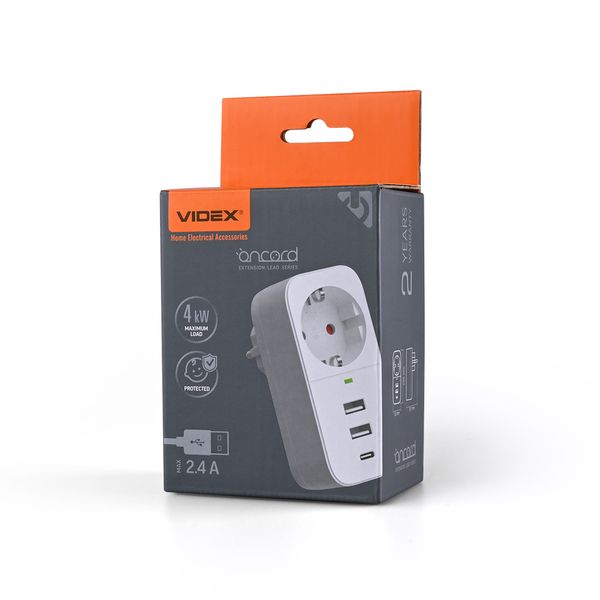 Мережевий адаптер VIDEX ONCORD з/з 1п 2.4A 2USB+USB-C White 27697_V фото