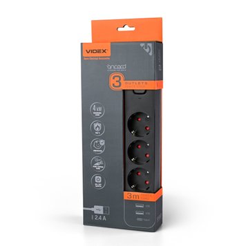 Мережевий подовжувач VIDEX ONCORD з/з 3п 3м (3x1.5мм) 2.4А 2USB+USB-C з кнопкою Black 27694_V фото