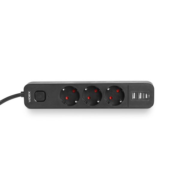 Мережевий подовжувач VIDEX ONCORD з/з 3п 3м (3x1.5мм) 2.4А 2USB+USB-C з кнопкою Black 27694_V фото