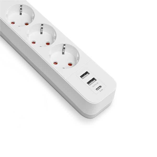 Сетевой удлинитель VIDEX ONCORD с/с 3п 3м (3x1.5мм) 2.4А 2USB+USB-C с кнопкой White 27693_V фото