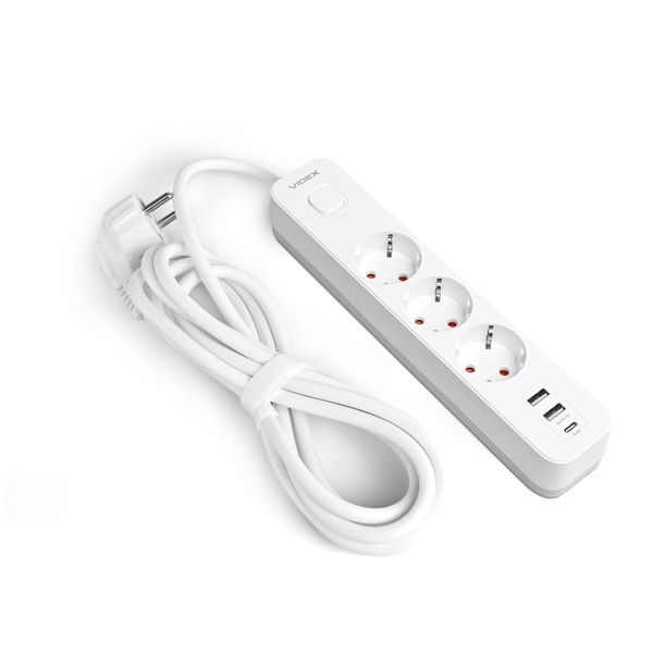 Сетевой удлинитель VIDEX ONCORD с/с 3п 3м (3x1.5мм) 2.4А 2USB+USB-C с кнопкой White 27693_V фото