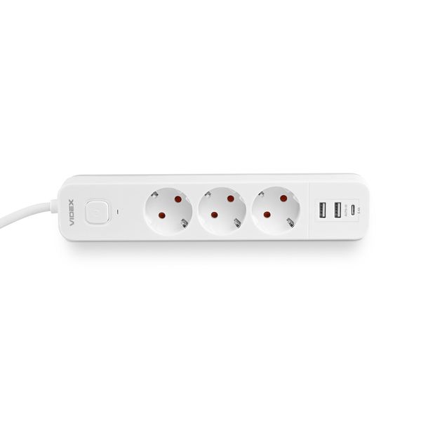 Сетевой удлинитель VIDEX ONCORD с/с 3п 3м (3x1.5мм) 2.4А 2USB+USB-C с кнопкой White 27693_V фото