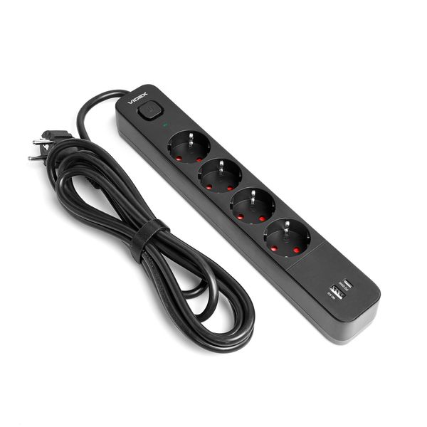 Сетевой удлинитель VIDEX ONCORD с/с 4п 3м (3x1.5мм) 3.4А USB(QC3.0) +USB-C(PD20W) с кнопкой Black 27696_V фото