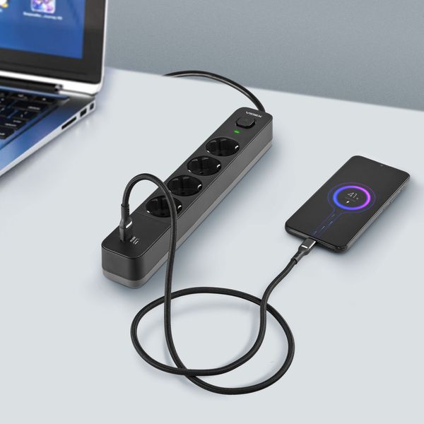 Сетевой удлинитель VIDEX ONCORD с/с 4п 3м (3x1.5мм) 3.4А USB(QC3.0) +USB-C(PD20W) с кнопкой Black 27696_V фото