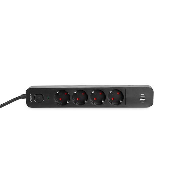 Сетевой удлинитель VIDEX ONCORD с/с 4п 3м (3x1.5мм) 3.4А USB(QC3.0) +USB-C(PD20W) с кнопкой Black 27696_V фото