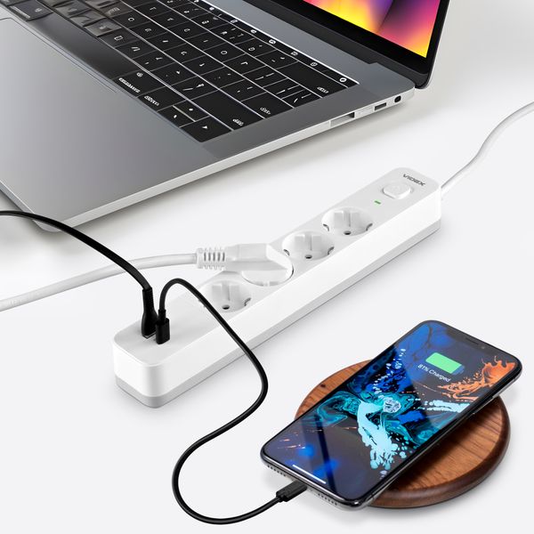 Сетевой удлинитель VIDEX ONCORD с/с 4п 3м (3x1.5мм) 3.4А USB(QC3.0) +USB-C(PD20W) с кнопкой White 27695_V фото