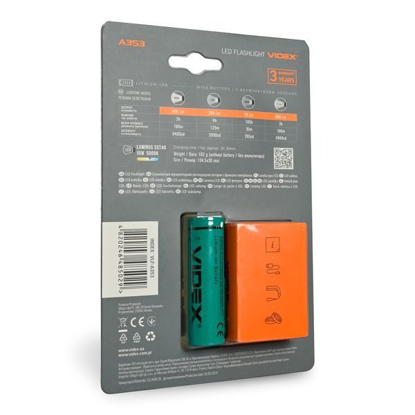 Портативный светодиодный фонарик VIDEX VLF-A353 900Lm 5000K 28359 фото