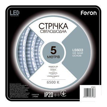 Світлодіодна стрічка Feron LS603 12В 4.8Вт/м 6500K F-27603 фото