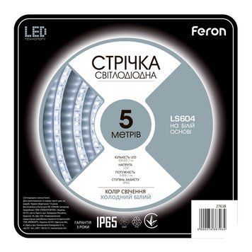 Світлодіодна стрічка Feron LS604 12В 4.8Вт/м білий F-27638 фото