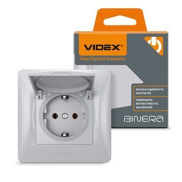 Розетка одинарна із заземленням та кришкою срібний шовк VIDEX BINERA 24900 фото