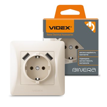 Розетка одинарна із заземленням та 2USB кремова VIDEX BINERA 24694_V фото