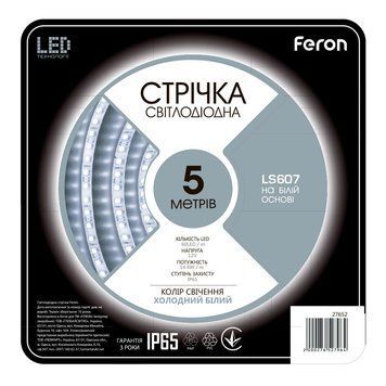 Світлодіодна стрічка Feron LS607 12В 14.4Вт/м холодний білий F-27652 фото