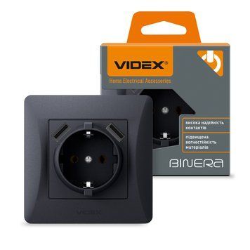 Розетка одинарна із заземленням та 2USB чорний графіт VIDEX BINERA 24473 фото