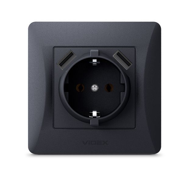 Розетка одинарная с заземлением и 2USB черный графит VIDEX BINERA 24473 фото