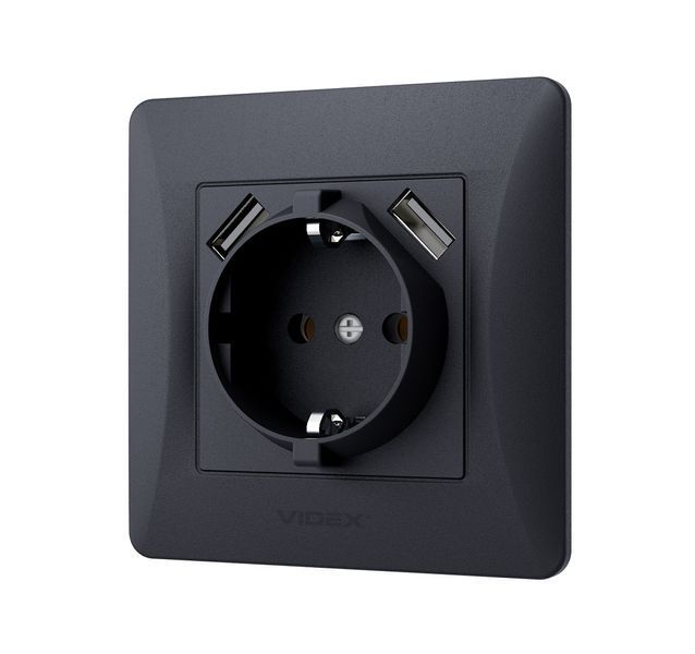 Розетка одинарная с заземлением и 2USB черный графит VIDEX BINERA 24473 фото
